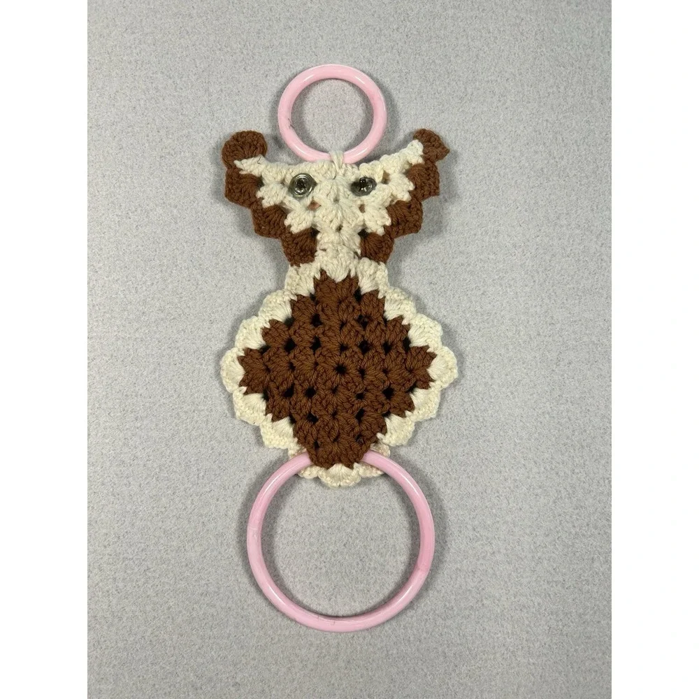 Vtg Crochet Owl Hand Towel Holder Ring with Real looking Eyes Brown Pink MCM 15
